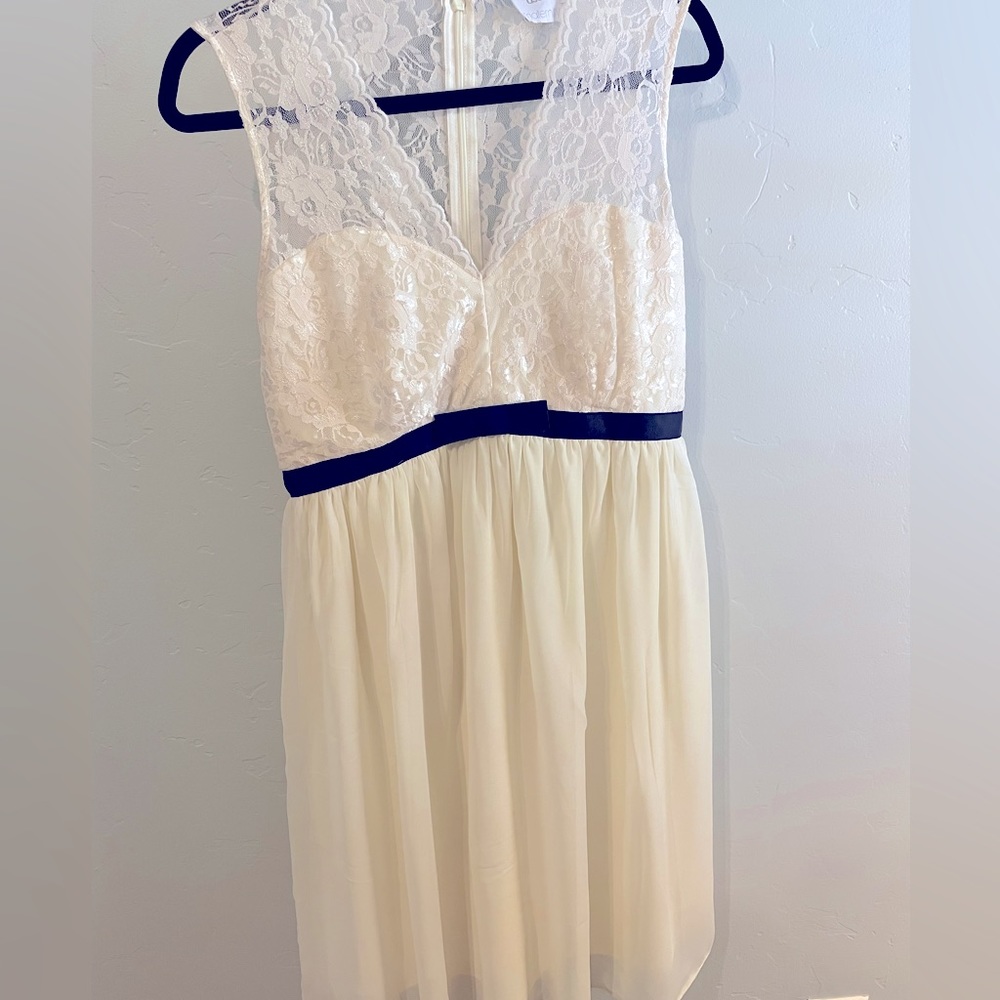 Maternity ASOS Ivory Dress w Black Sash sz. 8, Lace Top Chiffon Bottom Zip Back